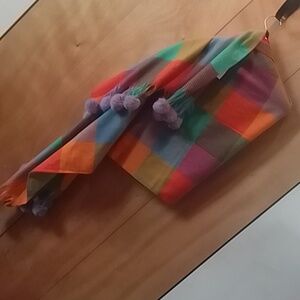 Vibrant plaid scarf w/faux fur pom-poms from Lulu 24×72, SUPER SOFT, NWT